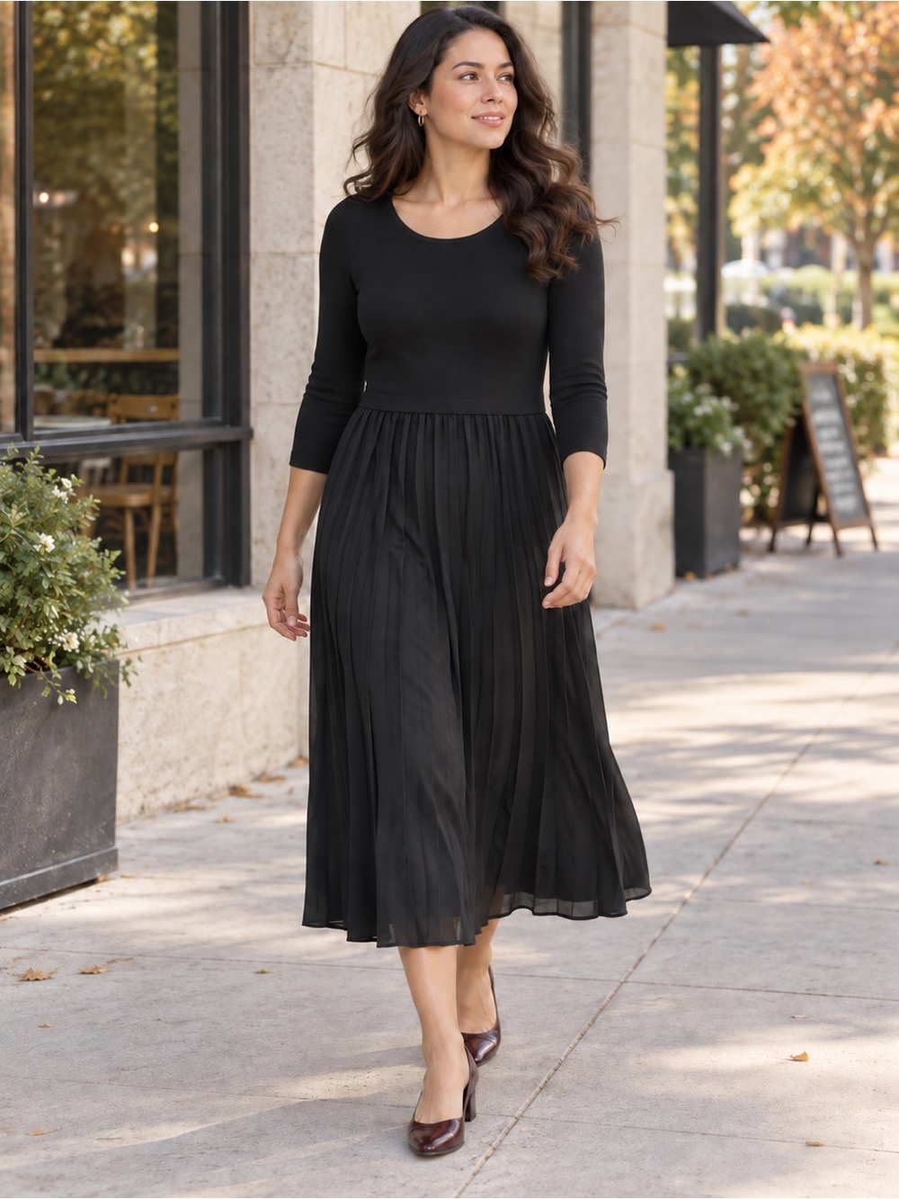 Nic+Zoe Rib Knit Dress Womens Black Onyx Size L Pleated Skirt Long Sleeve NWT